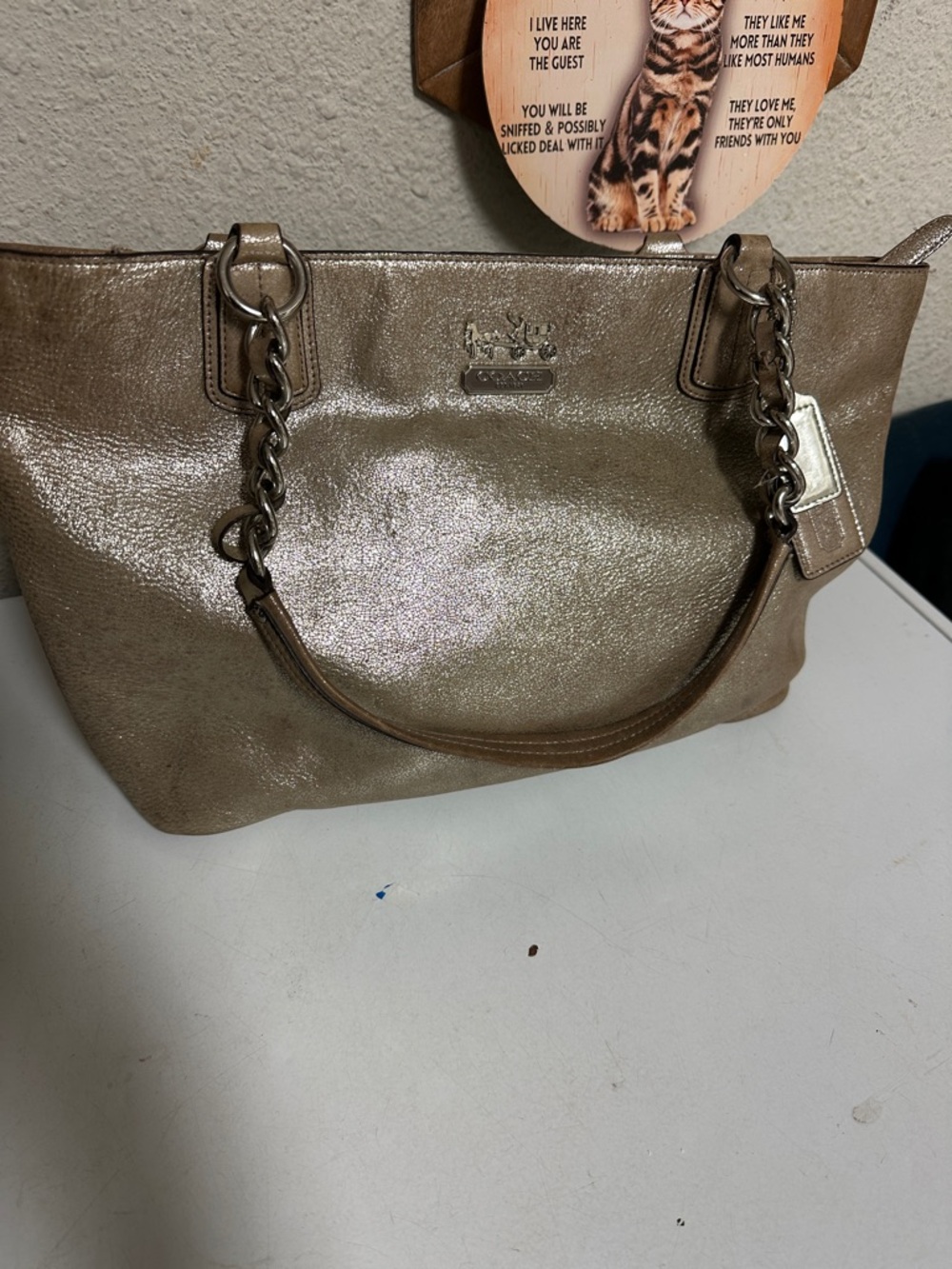 Coach Metallic Taupe Shoulder Tote with Chain Straps